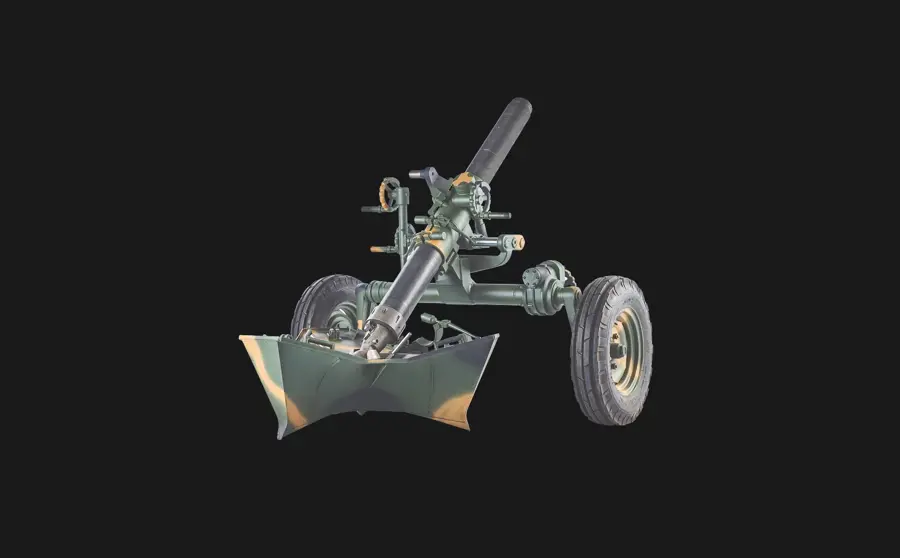 Tekerlekli 120 mm KYS-M120 havan, önden çapraz görünüm